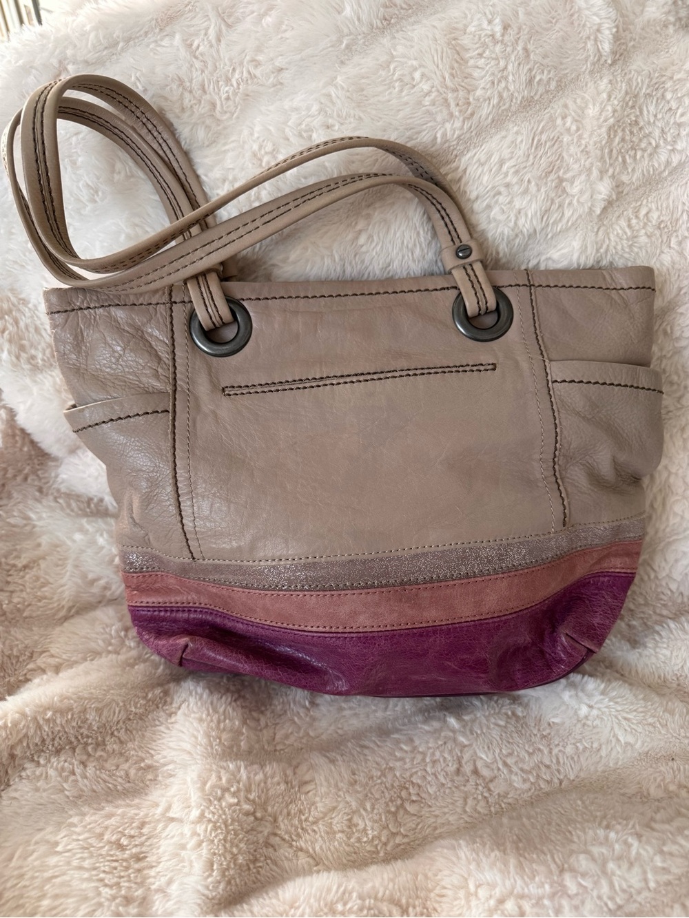 Leather Colorblock Tote Bag in Taupe and Plum by the sak